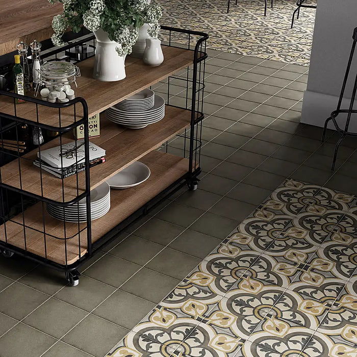 Art Nouveau Majestic Colours patterned porcelain tiles installed on a contemporary kitchen floor