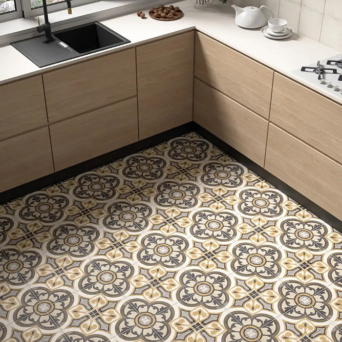 Art Nouveau Majestic Colours decorative porcelain tiles used as a feature floor with plain coordinating tiles