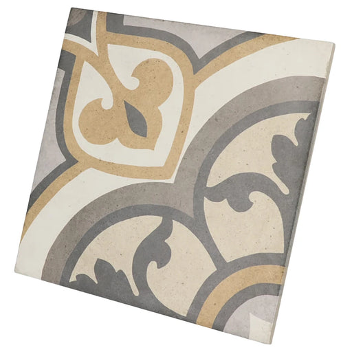 Art Nouveau Majestic Colours porcelain tile shown at an angle displaying the mustard, cream, taupe and charcoal pattern