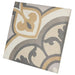 Art Nouveau Majestic Colours porcelain tile shown at an angle displaying the mustard, cream, taupe and charcoal pattern