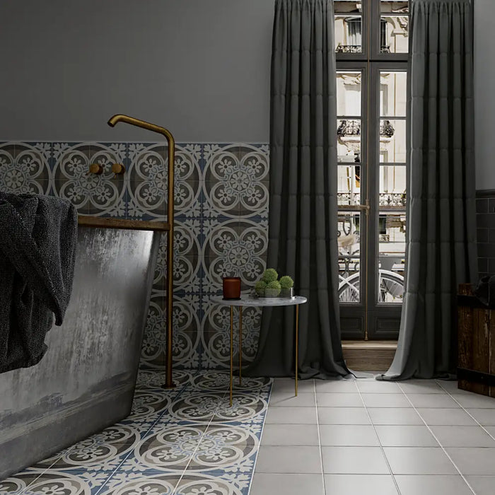 Art Nouveau Music Hall patterned porcelain tiles installed on a bathroom floor and feature wall