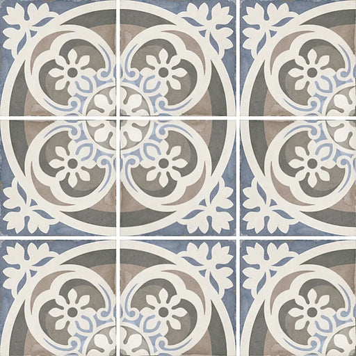 Art Nouveau Music Hall 20 x 20 patterned porcelain tile in blue, grey, taupe and cream
