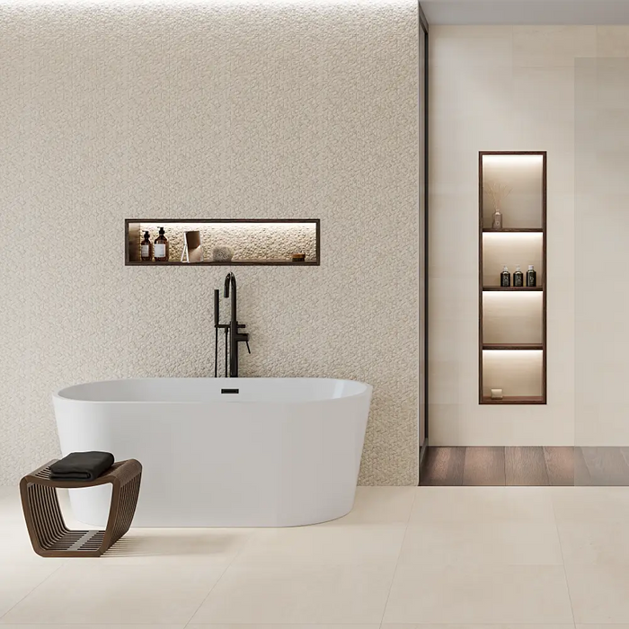 Contemporary bathroom featuring Barrington Concept Cream textured wall tiles behind a freestanding bath
