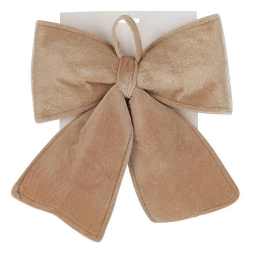 Soft beige velvet bow with long tails and a hanging loop