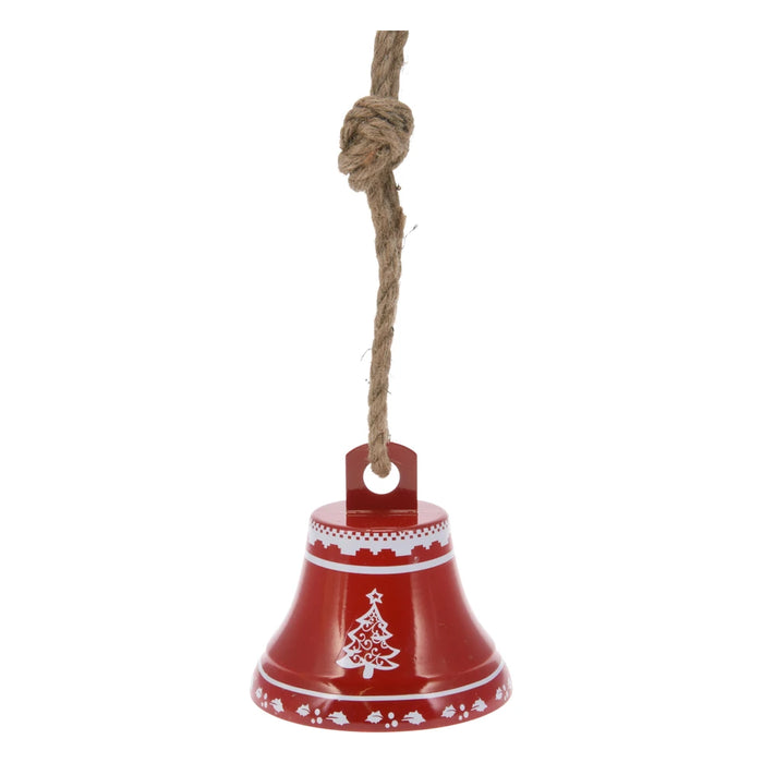 Glossy red bell with a white Christmas tree and Nordic-style borders hanging from a knotted jute rope