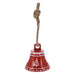 Glossy red bell with a white Christmas tree and Nordic-style borders hanging from a knotted jute rope