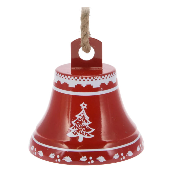 Close-up of a red bell with a white Christmas tree design and holly border
