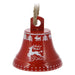 Glossy red bell with a white leaping reindeer, a tree and reindeer border and a dotted rim on a jute rope