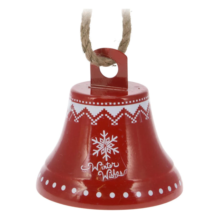 Glossy red bell with a white snowflake, Winter Wishes script and Nordic-style border on a jute rope