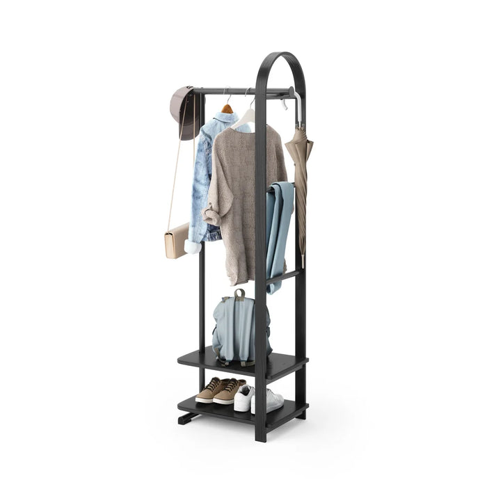 Bellwood black coat rack styled with coats, bag, umbrella and shoes