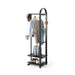 Bellwood black coat rack styled with coats, bag, umbrella and shoes