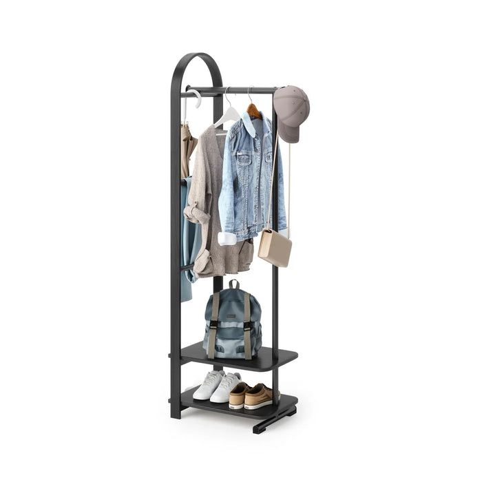 Bellwood black coat rack styled with jacket, cap, bag and sneakers