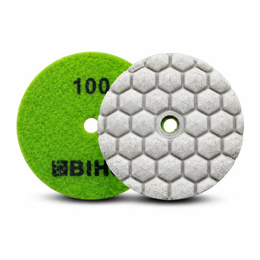 Bihui 50mm Mini Dry Polishing Pad 100 Grit – green velcro backing and white hexagon-pattern polishing face