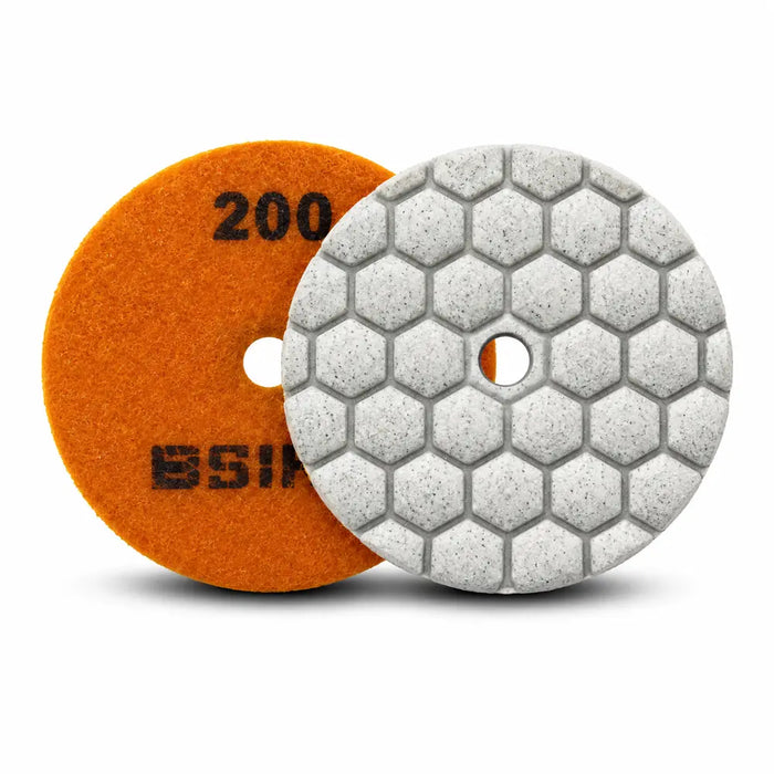 Bihui 50mm Mini Dry Polishing Pad 200 Grit – orange velcro backing and white hexagon-pattern polishing face