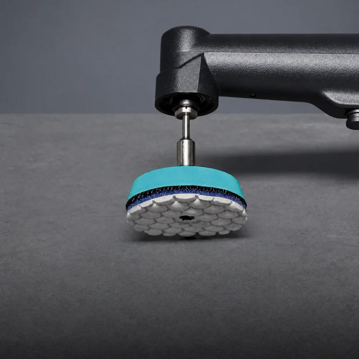 50mm Mini Dry Polishing Pad fitted to a Velcro polishing pad holder on an angle polishing tool