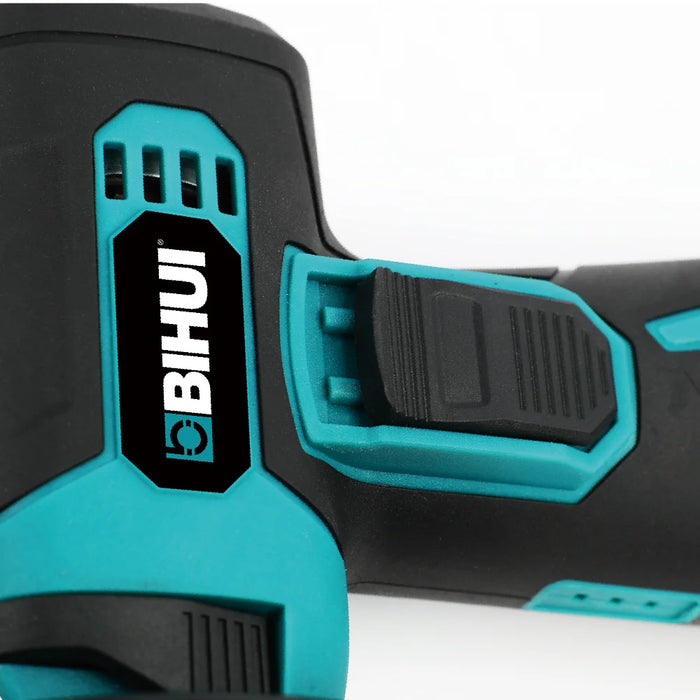 Close-up of the Bihui Mini Cordless Angle Grinder power switch and air vents