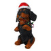 Black and tan dog figure in a Santa hat wrapped in colourful Christmas lights