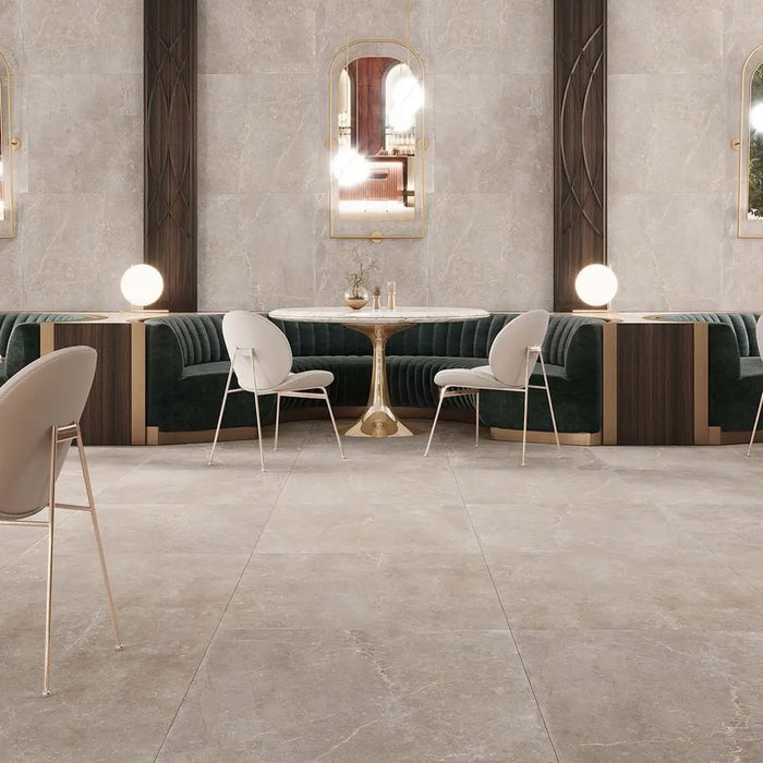 Bleuemix Taupe Porcelain 90x90 tile in a restaurant floor setting