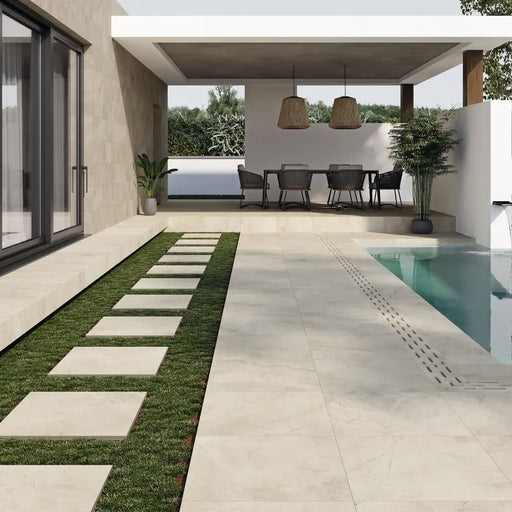 Brook Bone marble-effect porcelain tile used as pool surround paving