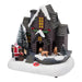 Brown log house scene with reindeer at the door, Santa by the steps and snowy trees on a white base