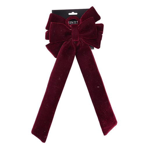 Layered burgundy velvet-look bow with long tails and a hanging loop