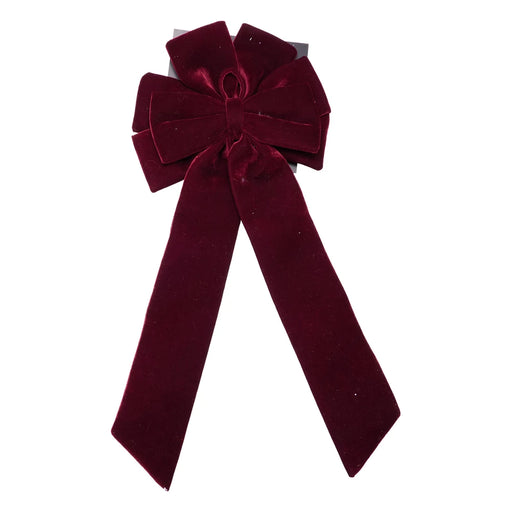 Large layered burgundy velvet-look bow with long flowing tails