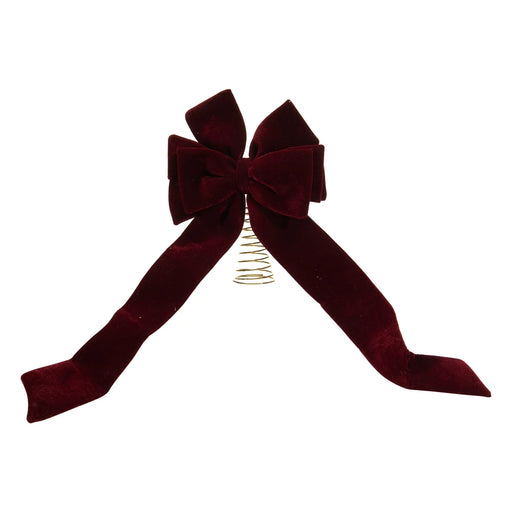 Burgundy velvet-look bow tree topper with long tails and a gold spiral base