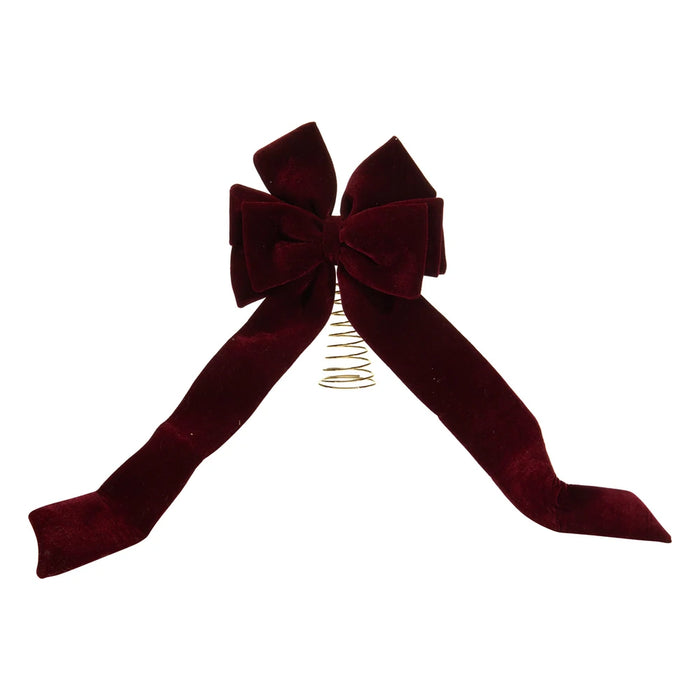 Burgundy velvet-look bow tree topper with long tails and a gold spiral base