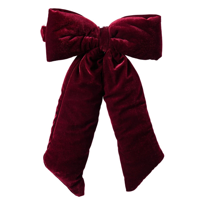 Padded burgundy velvet-look chair bow with full loops and long tails