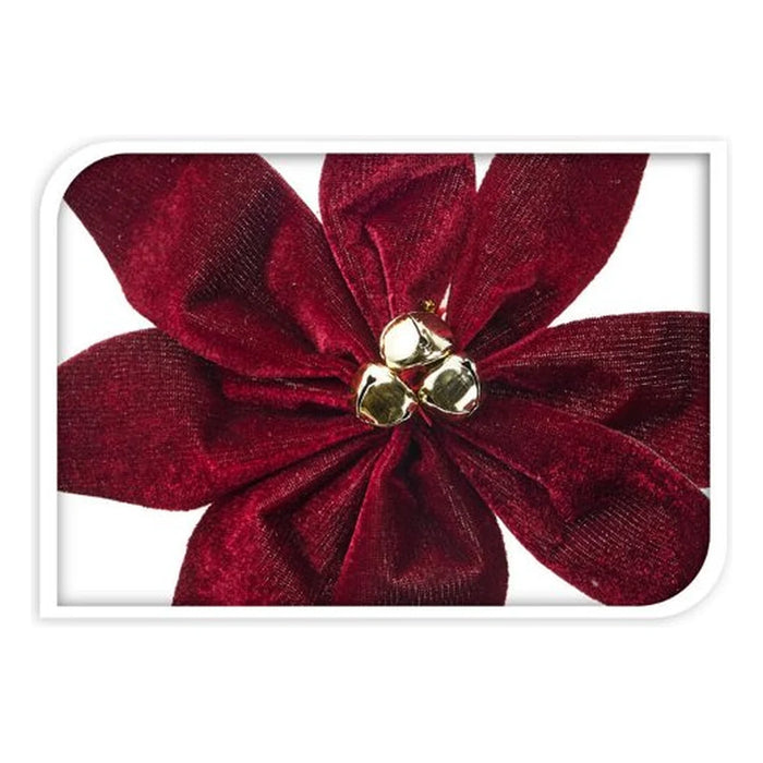 Close-up of a burgundy velvet-look poinsettia with gold bell centre