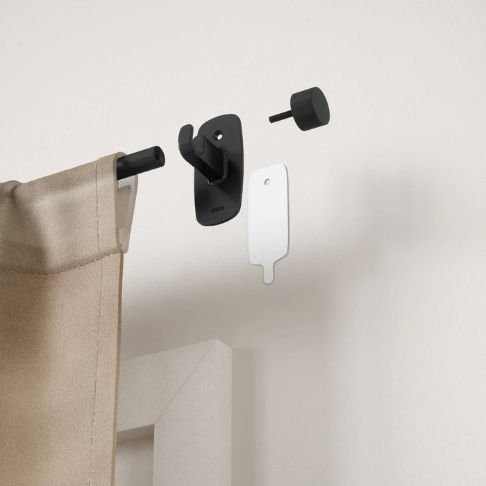 Cappa Adhera matt black curtain pole exploded view of rod, bracket and adhesive mount