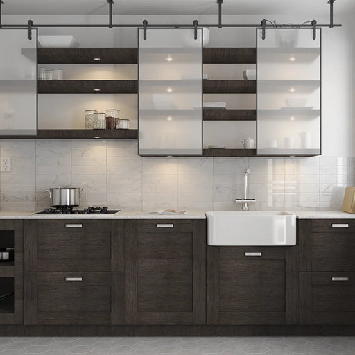 Carrara Gloss 7.5 x 30 marble effect wall tiles installed as a kitchen splashback in a contemporary kitchen