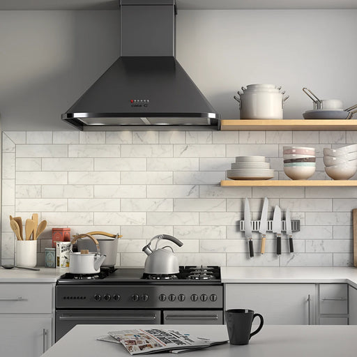 Carrara Matt 7.5 x 30 marble effect wall tiles installed as a kitchen splashback in a contemporary kitchen