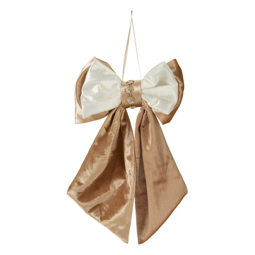 Taupe velvet-look bow with cream loops, a gold flower centre and a ribbon hanging loop