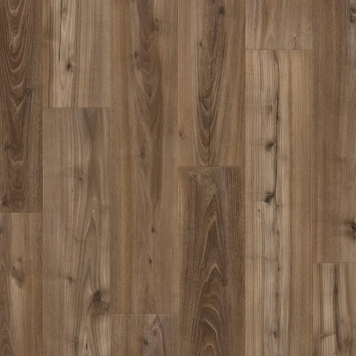 Close-up wood-grain detail of Pergo Drammen Brown Dark Brown leathered oak laminate flooring