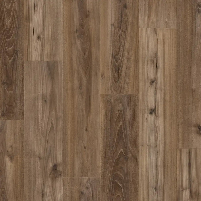 Close-up wood-grain detail of Pergo Drammen Brown Dark Brown leathered oak laminate flooring