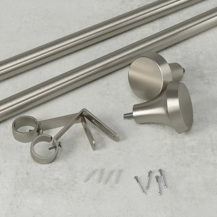 Ella matt nickel curtain pole components: rods, finials, brackets and mounting hardware