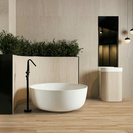 English Oak Rectified Porcelain 20x120 wood-effect tile in a modern bathroom with freestanding bath