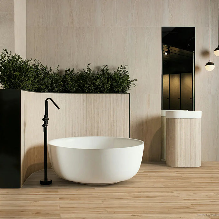 English Oak Rectified Porcelain 20x120 wood-effect tile in a modern bathroom with freestanding bath
