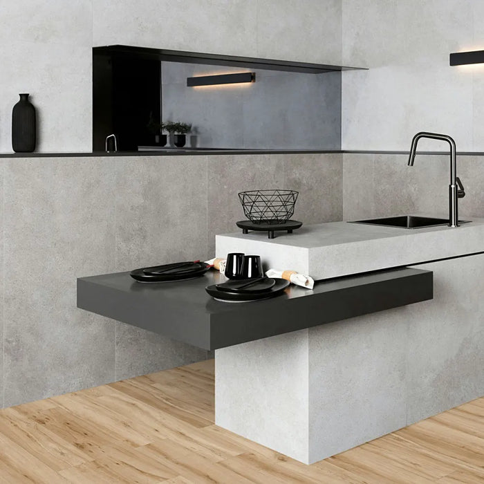 English Oak Rectified Porcelain wood-effect tile installed in a contemporary kitchen