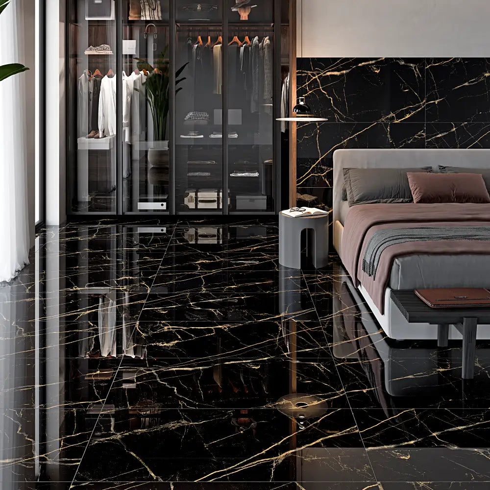 Modern bedroom featuring Equinox Polished Porcelain 60x120 black marble-effect tiles on floors and feature wall