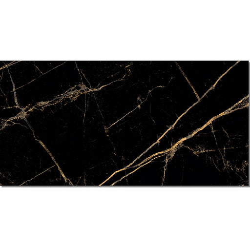 Close-up of Equinox Polished Porcelain 60x120 black marble-effect tile with polished finish and dramatic gold veining