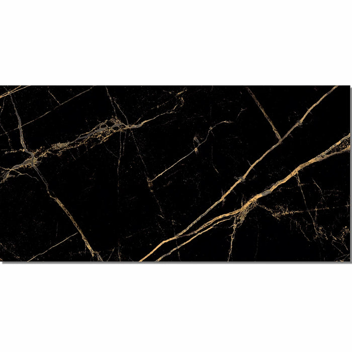 Close-up of Equinox Polished Porcelain 60x120 black marble-effect tile with polished finish and dramatic gold veining