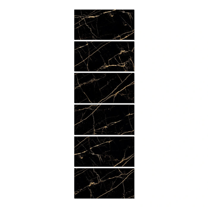 Six faces of Equinox Polished Porcelain 60x120 black marble-effect tile with elegant gold veining