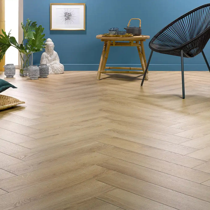 Galway herringbone laminate flooring in a bright living room