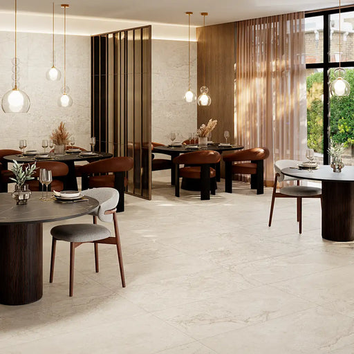 Garona Marfil Natural Rectified Porcelain 60x120 tile installed in a contemporary restaurant with large-format stone-effect flooring