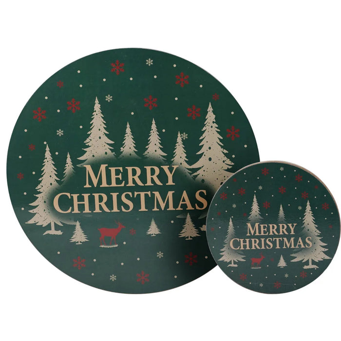 Green Christmas placemat and matching coaster with forest and reindeer design