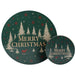 Green Christmas placemat and matching coaster with forest and reindeer design