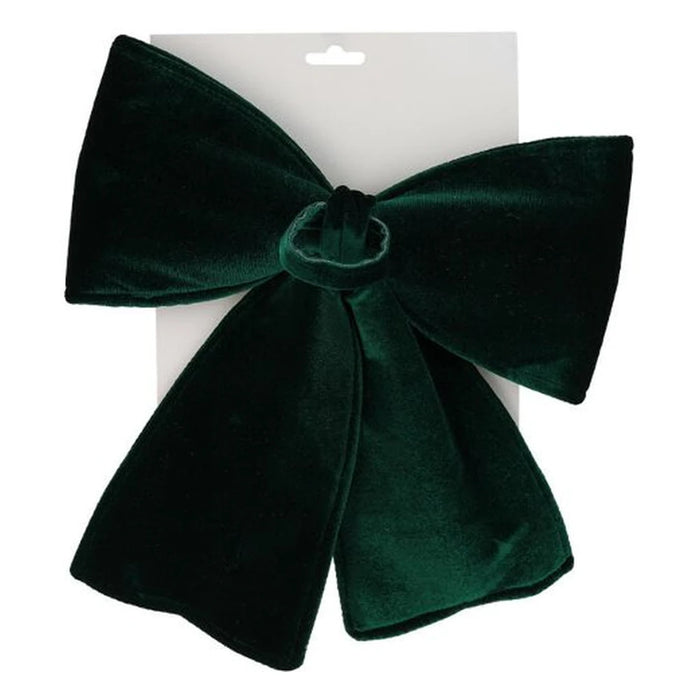 Dark green velvet bow with long tails and a hanging loop