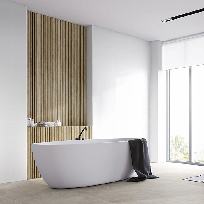 Homeful Essentials Blanco Brillo white gloss wall tiles with wood slat feature wall